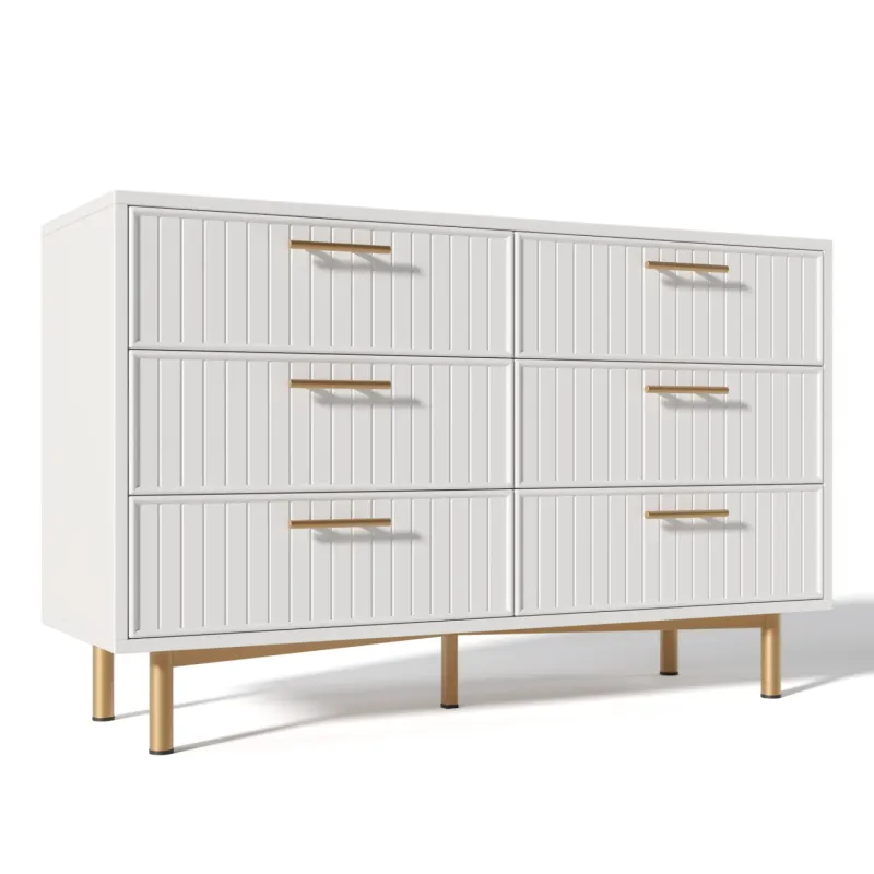 White 6 Drawer Chest of Drawers with Fluted Fronts and Gold Handles