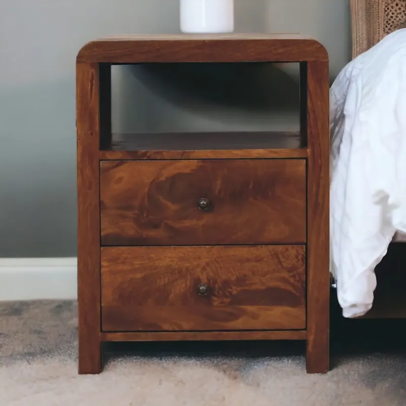 Aspen Solid Wood Bedside Table with 2 Drawers & 1 Open Slot - Dark Brown