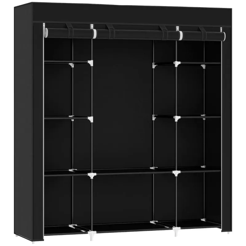 150cm Portable Fabric Wardrobe with 10 Shelves & Hanging Rail - Black