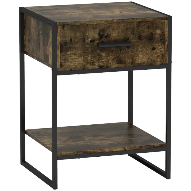 Modern Industrial Bedside Table with Drawer and Shelf - Rustic Brown