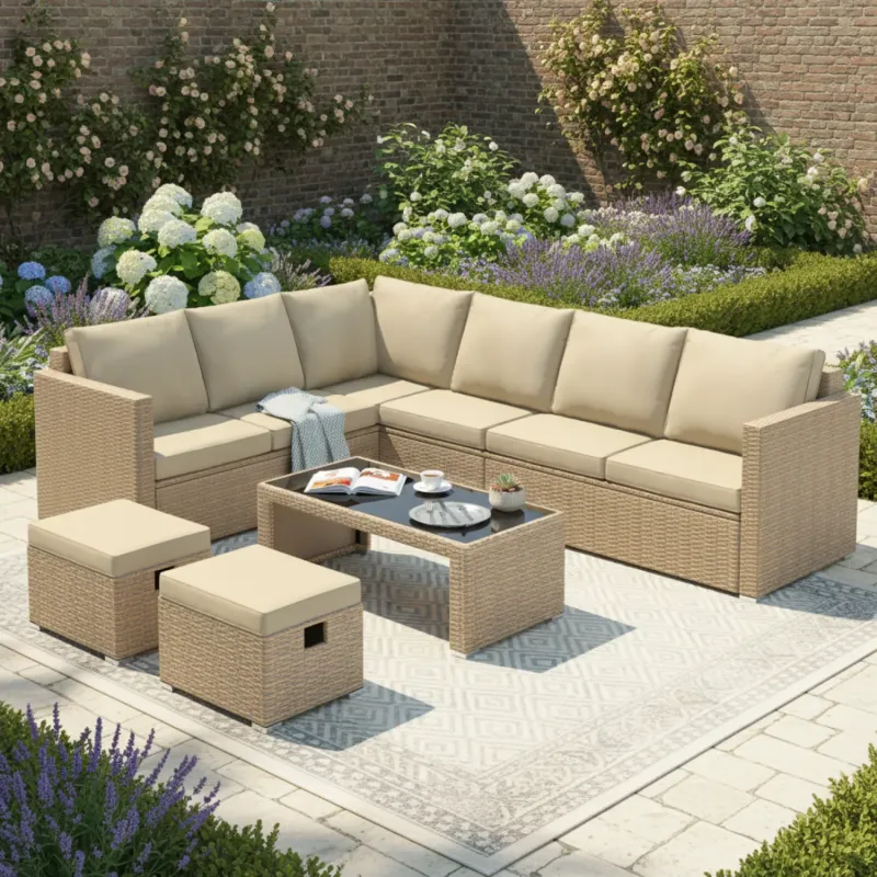 8 Seater Rattan Garden Corner Sofa Set with 2 Coffee Tables and 2 Stools - Khaki