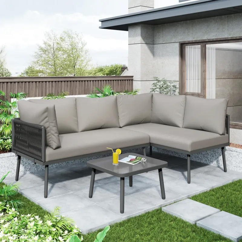 5 Seater Grey Rope Weave L-Shaped Garden Corner Sofa Set with Glass Coffee Table