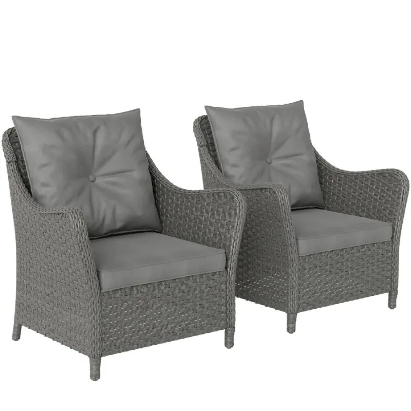Set of 2 Dark Grey Rattan Garden Armchairs with High Back and Padded Cushions