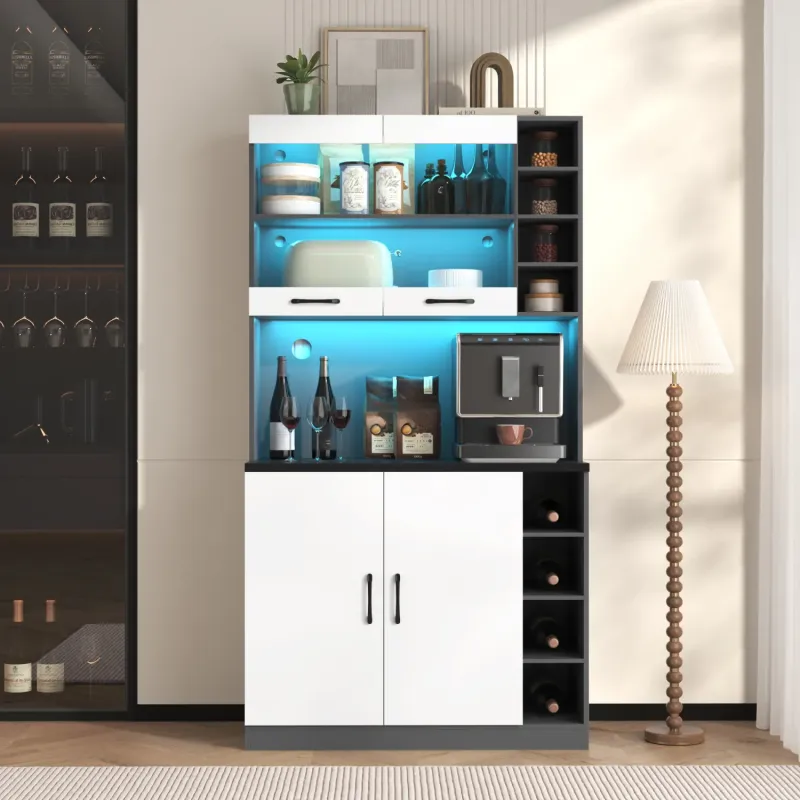 100cm Kitchen Larder Cupboard with LED Lighting and Microwave Shelf - Dark Grey & High Gloss White