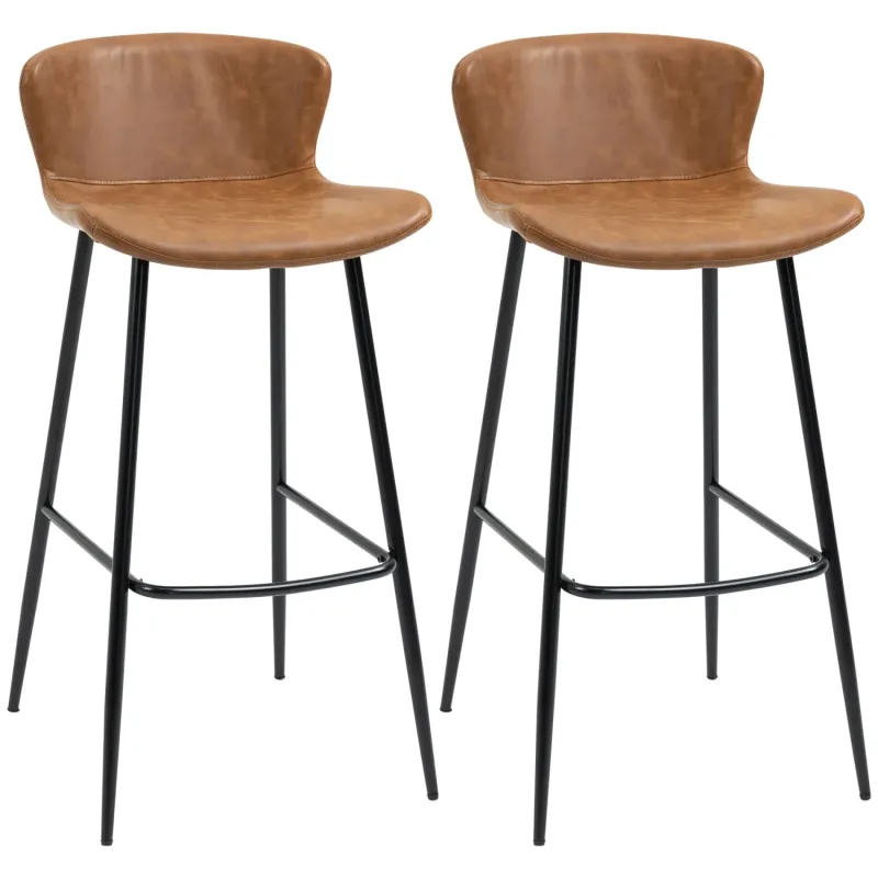 Bar Stools, Set of 2, PU Leather in Brown with Backrests and Steel Legs