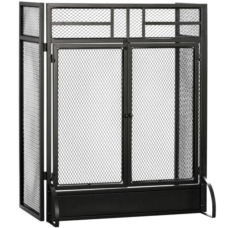 3-Panel Folding Fireplace Screen with Double Doors - Black