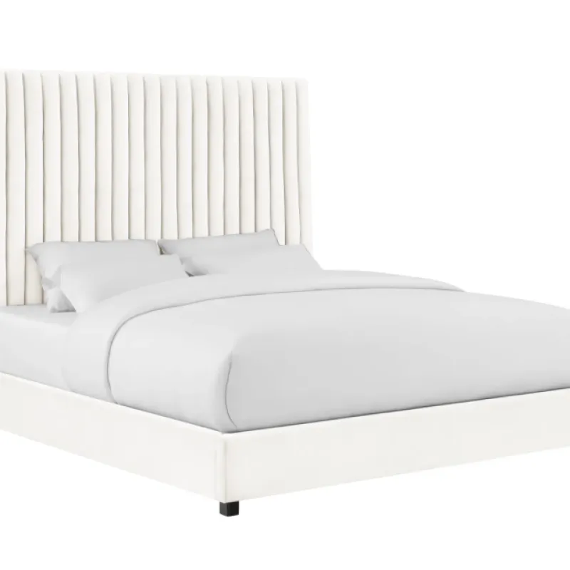 Arabelle King Bed Frame in White Velvet with Channel Tufted Headboard