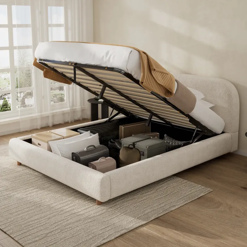 4ft6 Double Ottoman Storage Bed Frame in Warm White Boucle with Arched Headboard
