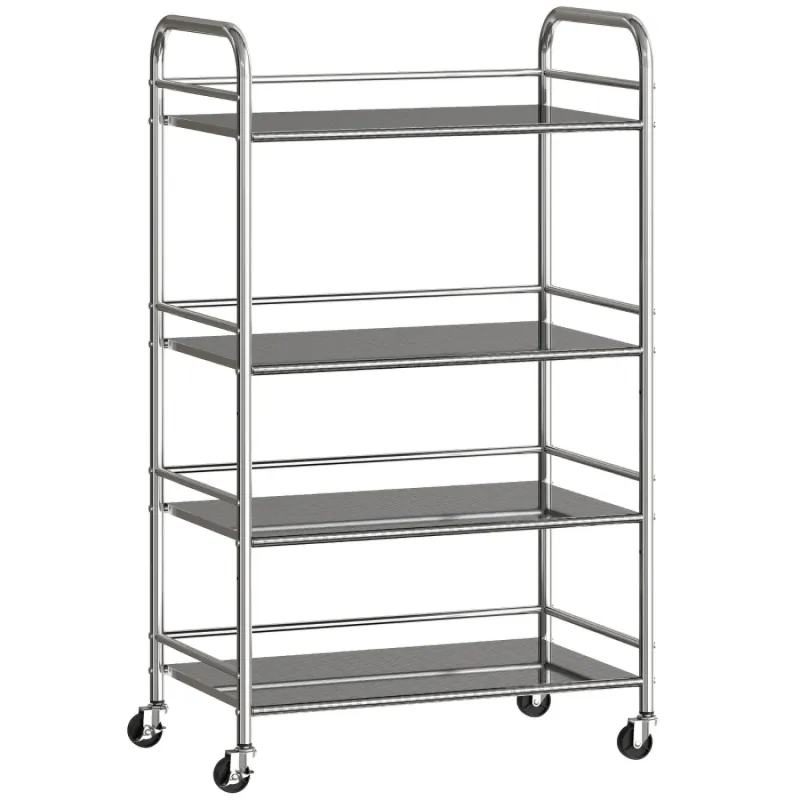  4-Tier Stainless Steel Kitchen Storage Trolley with Adjustable Shelves - Silver