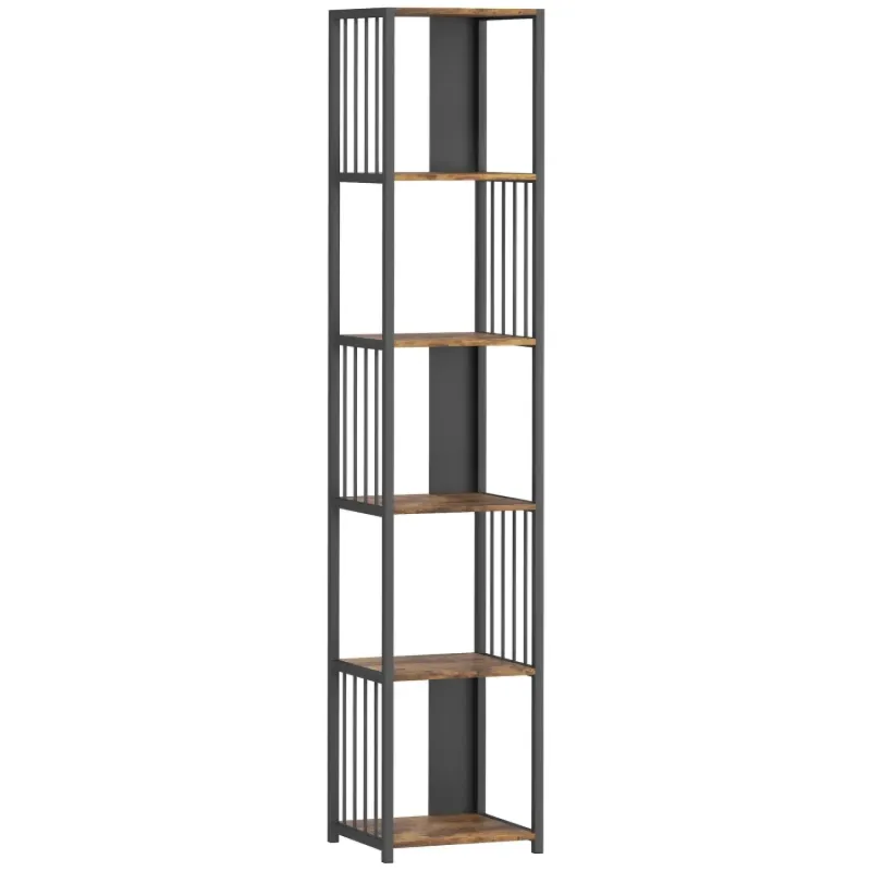 5-Tier Tall Industrial Bookcase with Steel Frame - Rustic Brown