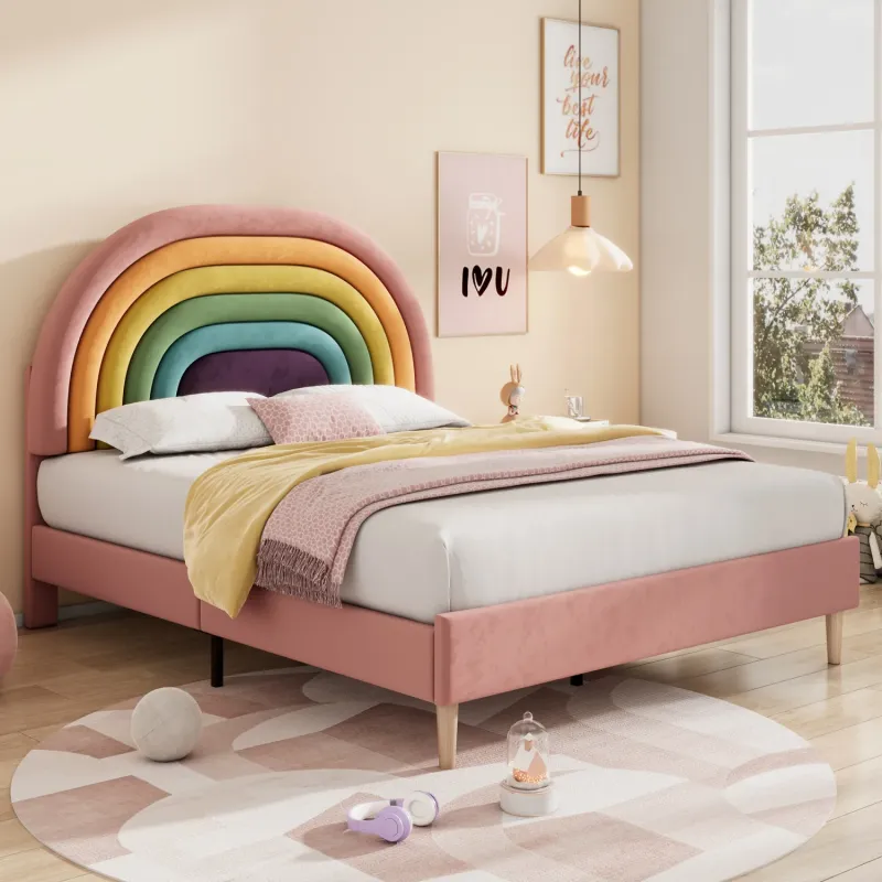 Rainbow Upholstered Velvet Double Bed Frame with Height-Adjustable Headboard, Pink