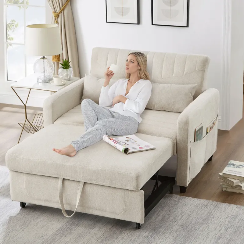 Cotton-Linen Sofa Bed, 2-Seater, with 3-Level Adjustable Backrest and Pull-Out Design