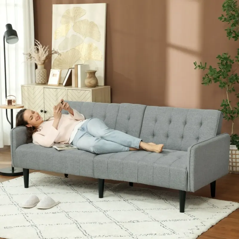 3-Seater Click-Clack Sofa Bed with Cup Holders - Light Grey
