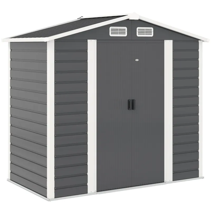  7 x 4ft Metal Garden Shed with Foundation Kit & Lockable Sliding Doors - Dark Grey