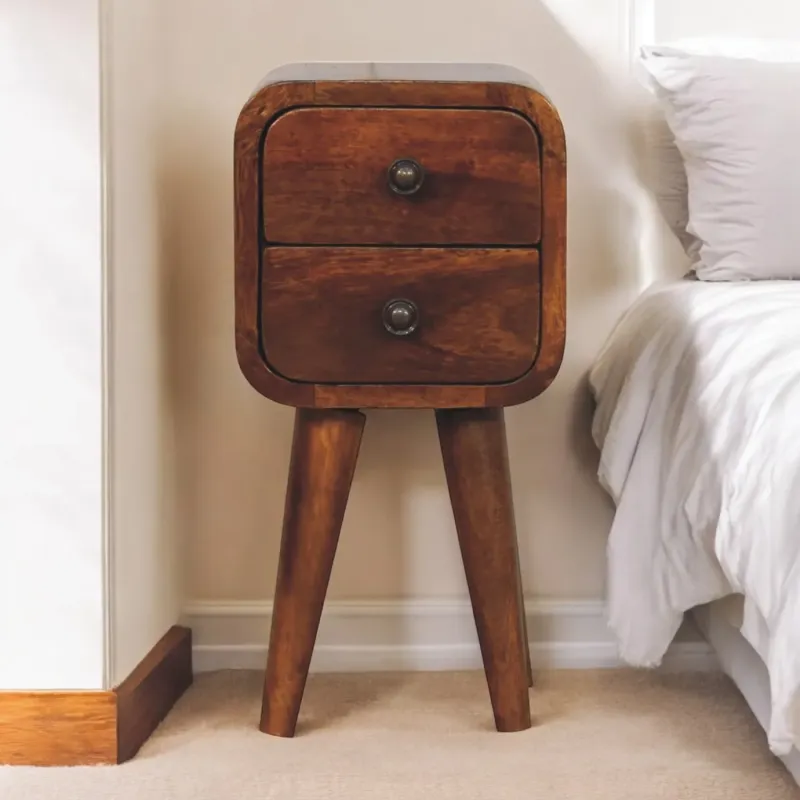 Chestnut Curved Solid Wood Extra Mini Bedside Table with 2 Drawers