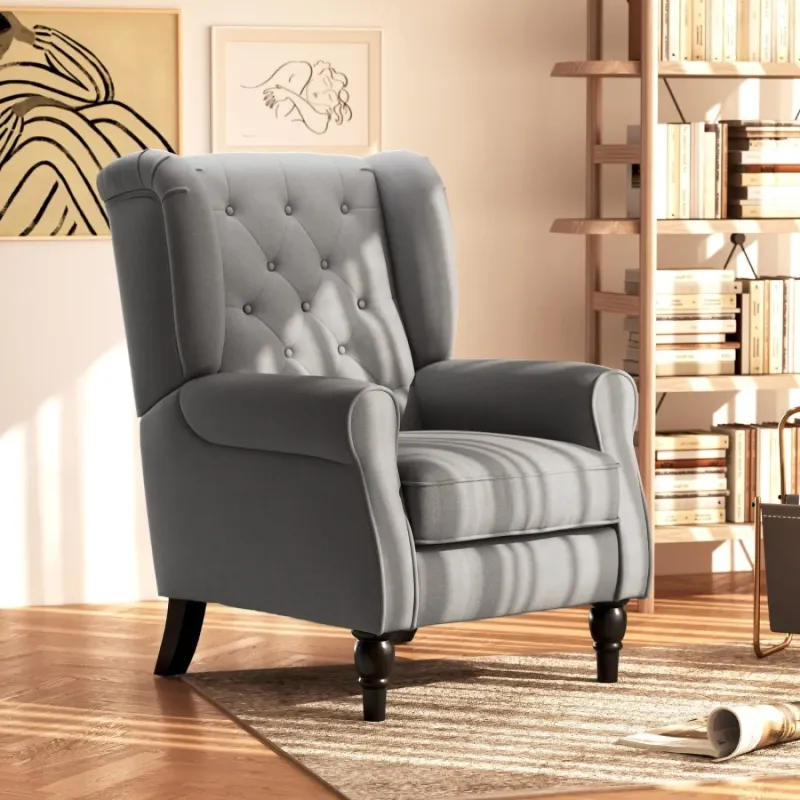 Linen Wingback Armchair, in Dark Grey, with Button Tufting and Pocket Springs