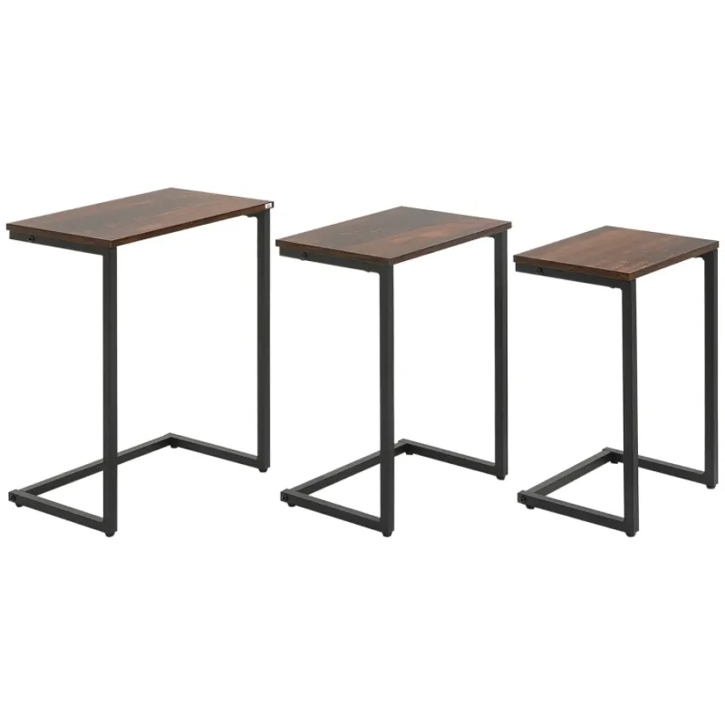 Nesting Side Tables Set of 3, C-Shaped Snack Tables, Rustic Brown