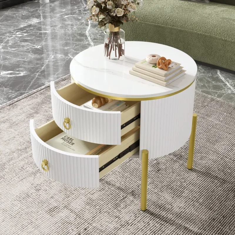 Marble Effect Side Table, 50cm, in White and Gold, with 2 Drawers