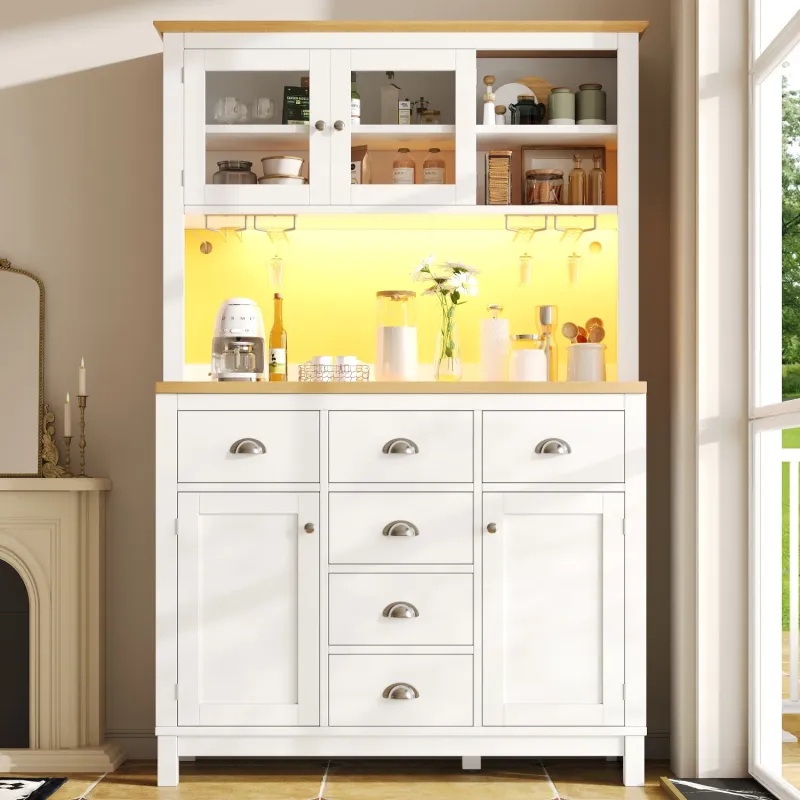 104cm Kitchen Larder Cupboard with LED Lighting and Bottle Racks - White
