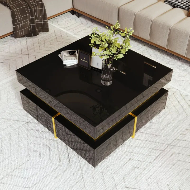 Black High Gloss Square Coffee Table with Gold Accents and 2 Drawers