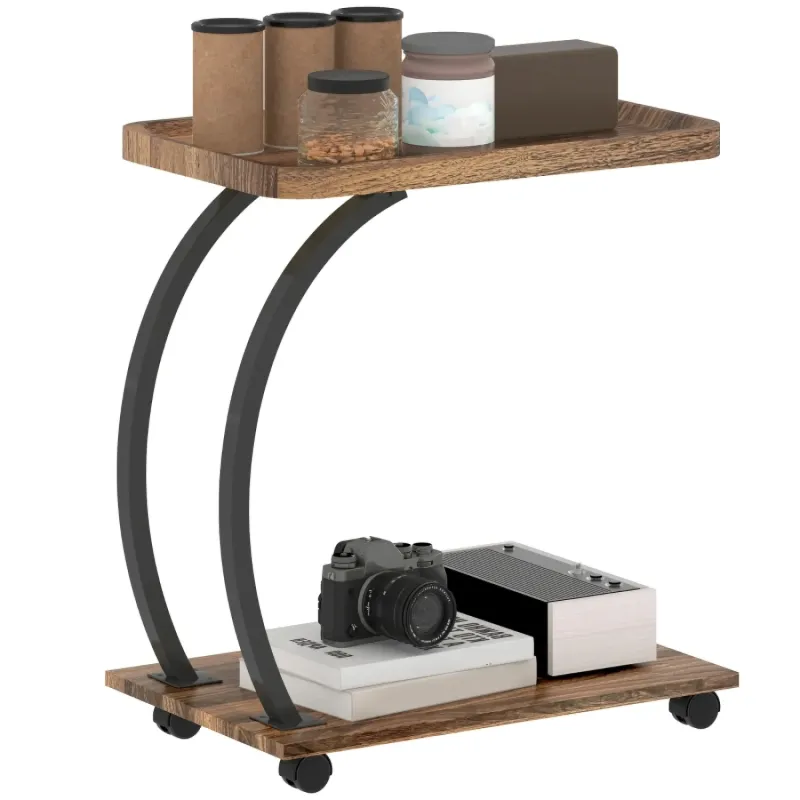 MDF and Steel Side Table, 52cm, in Brown, with C-Shaped Mobile Storage