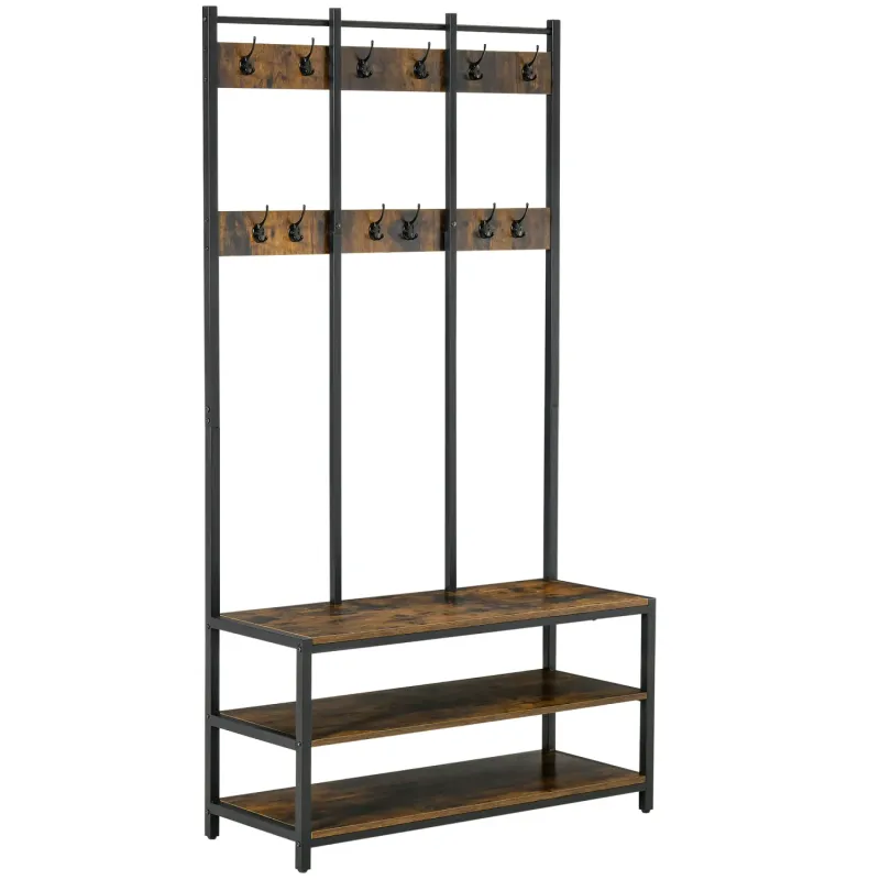 Industrial Hall Tree with Shoe Bench and 12 Hooks - Rustic Brown