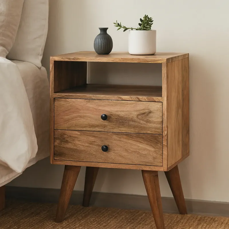 Mango Wood 2 Drawer Bedside Table with Open Slot - Oak-ish Finish