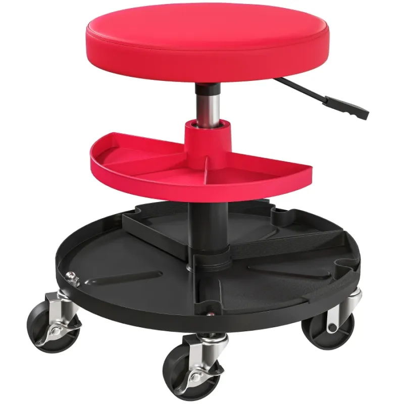  Adjustable Rolling Mechanic Stool with Dual Tool Trays & Swivel Seat - 135kg Capacity