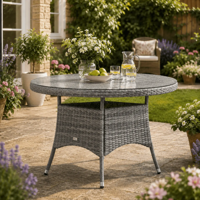 Aluminium and Rattan 4 Seater Round Garden Dining Table with Glass Top & Parasol Hole - Grey