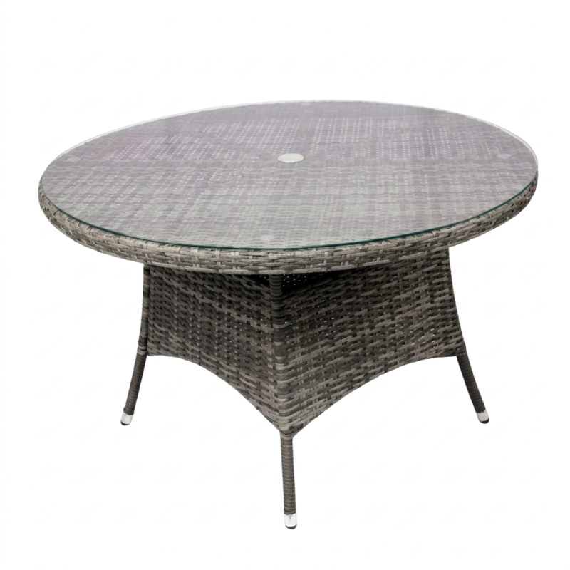 Aluminium and Rattan 4 Seater Round Garden Dining Table with Glass Top & Parasol Hole - Grey