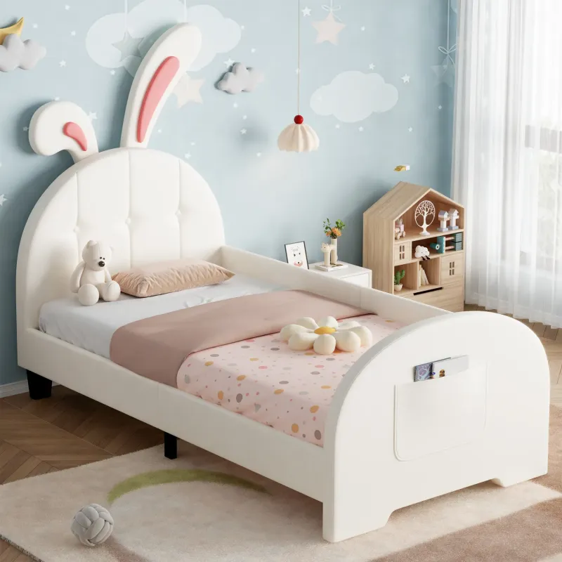 3ft Single Rabbit-Shaped Upholstered Bed Frame with Storage Pocket - Cream White