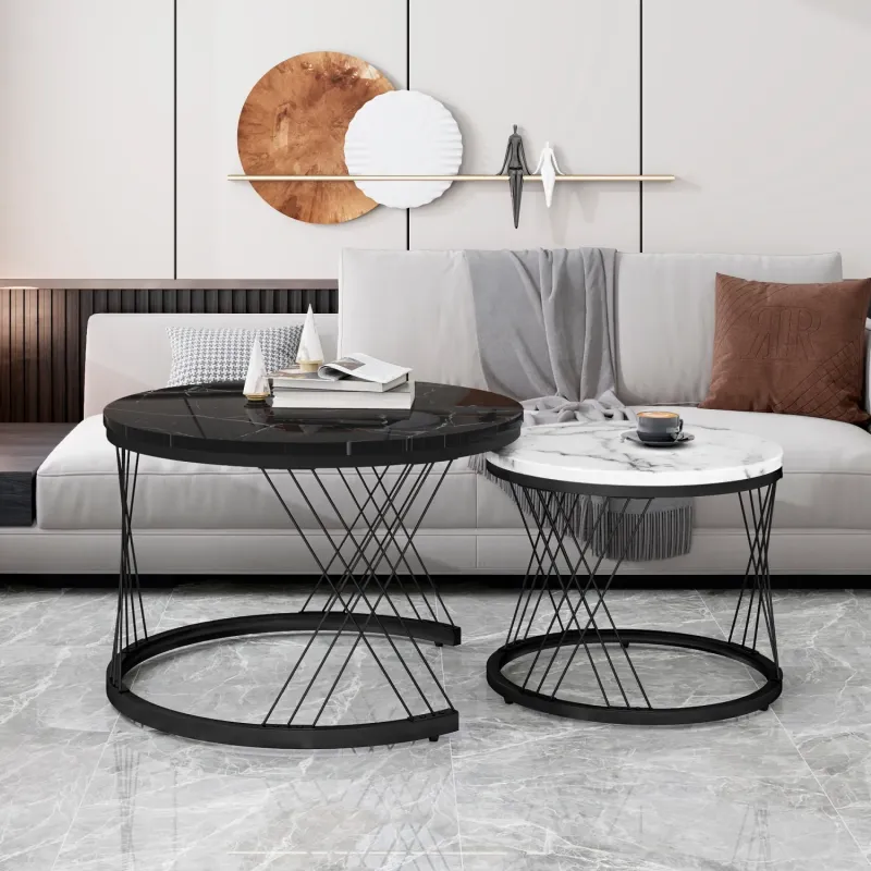 Round Marble Effect Nesting Coffee Table Set of 2 with Black Metal Frame