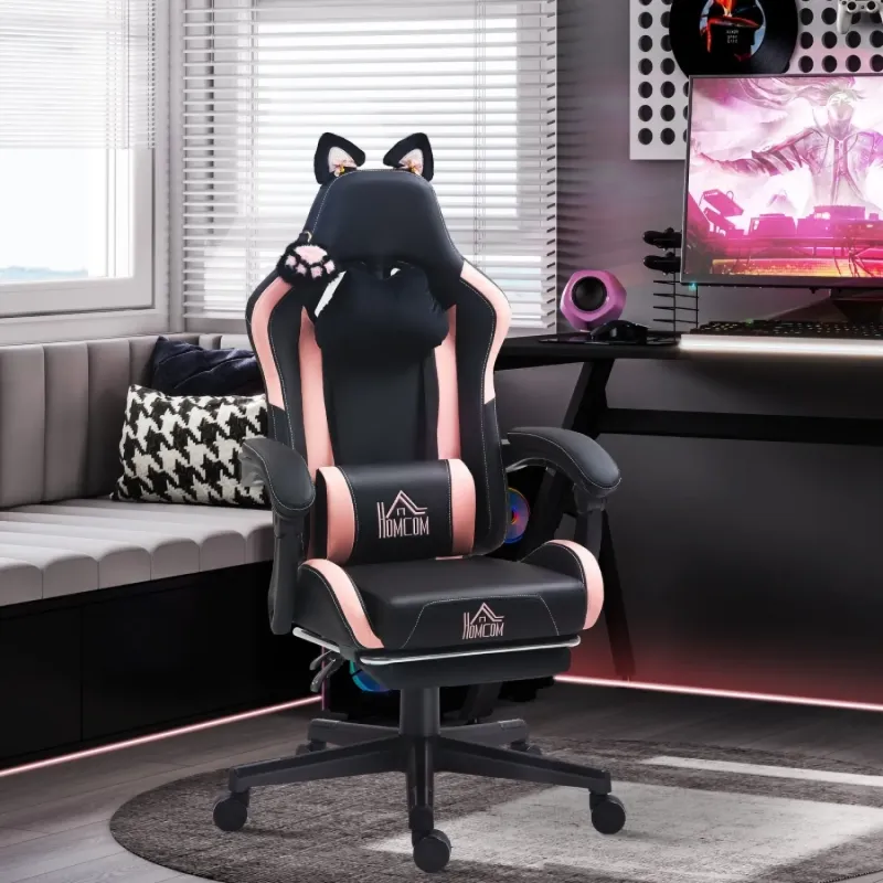 Cat Ear Reclining Gaming Chair with Retractable Footrest - Black & Pink