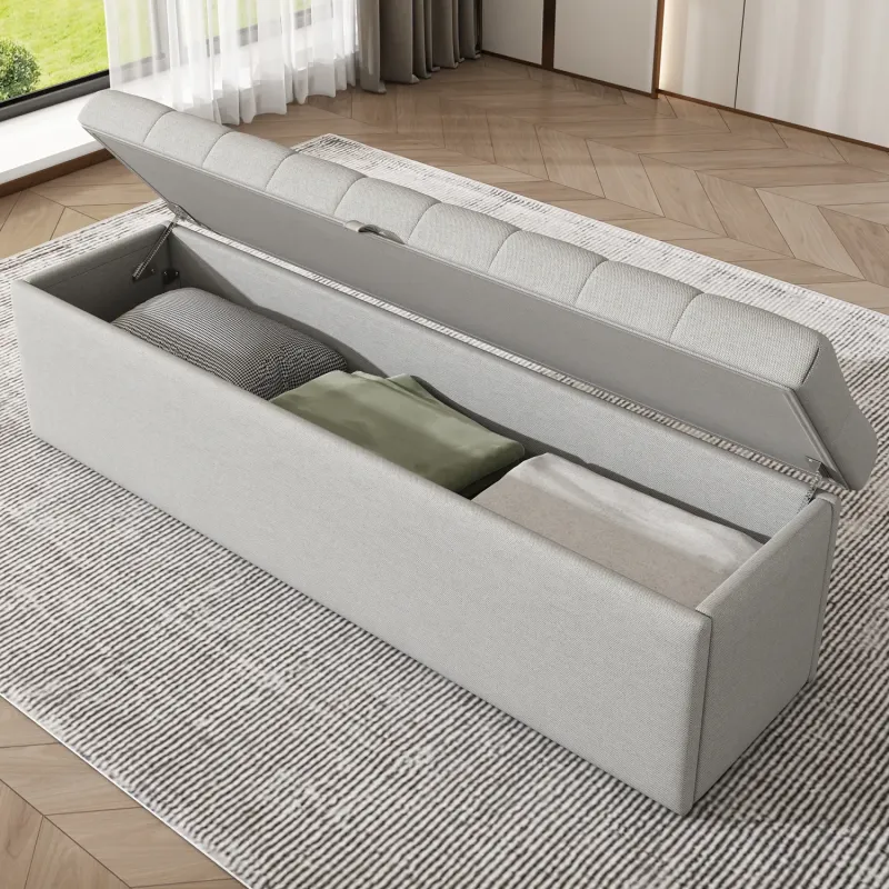 Linen Upholstered Storage Bench, 135cm - Light Grey