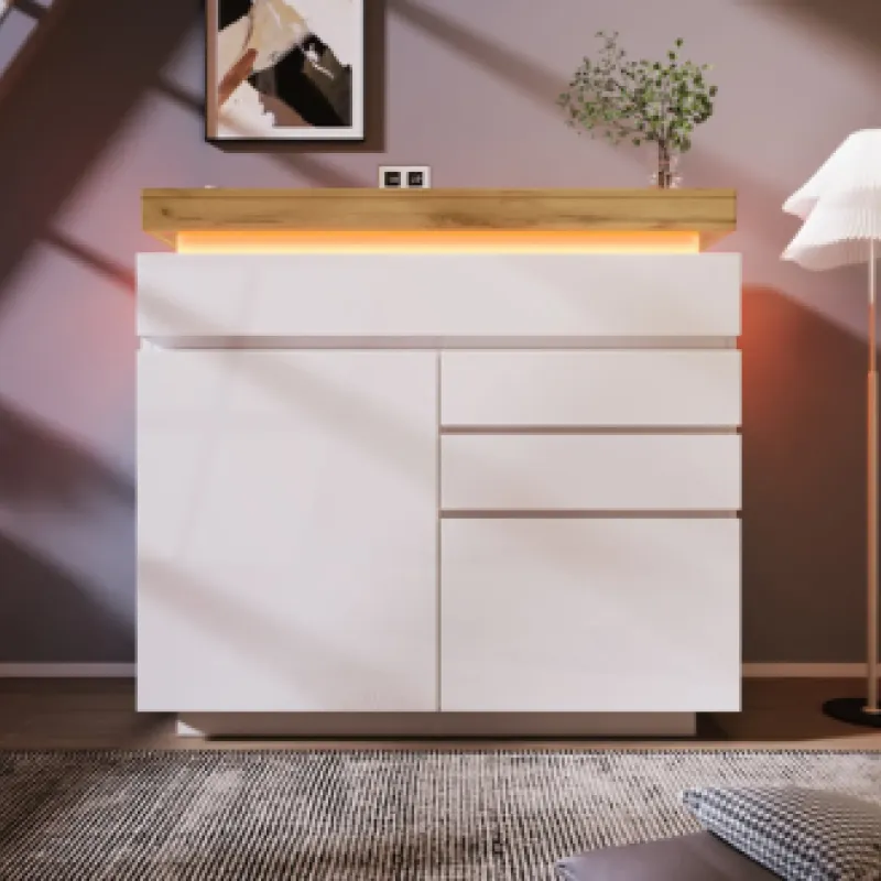 High Gloss Sideboard, 115 x 110 cm in White, with App-Controlled RGB LED & 3 Drawers
