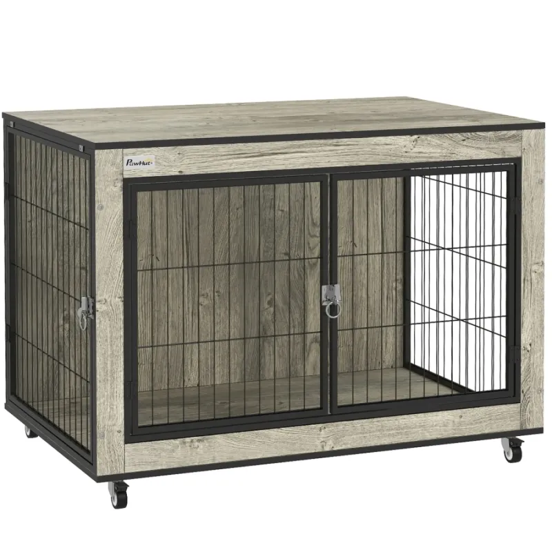 Medium Indoor Dog Crate Furniture with Double Doors and Wheels - Grey