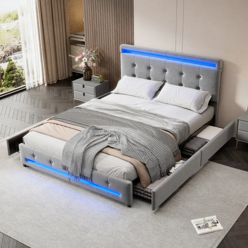 Grey Velvet 4ft6 Double Storage Bed with LED Lights and 4 Drawers