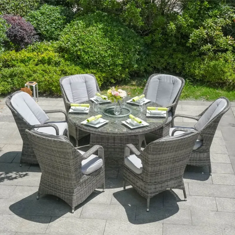 6-Seater Round Rattan Garden Dining Set with Lazy Susan and Parma Armchairs