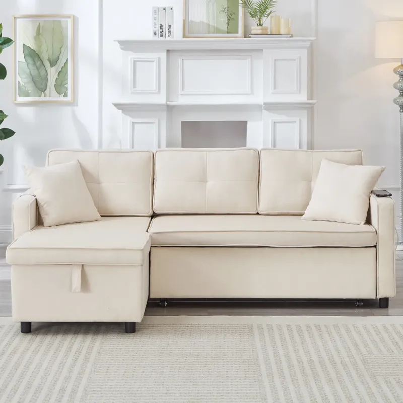 Beige L-Shaped 3-Seater Sofa Bed with Reversible Storage Chaise and Charging Ports