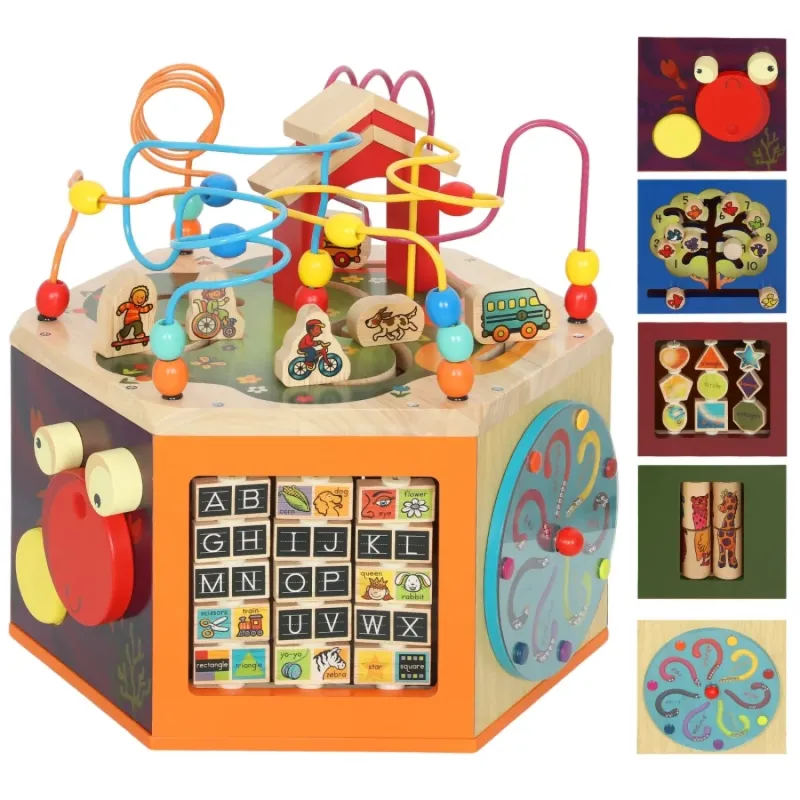 AIYAPLAY 8-in-1 Wooden Activity Cube with Bead Maze and Shape Sorter