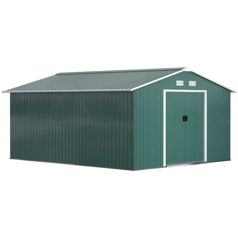  12.5ft x 11.1ft Large Galvanised Steel Garden Storage Shed with Foundation - Green