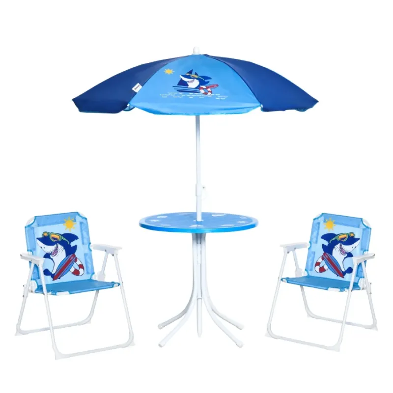 Kids 4-Piece Garden Bistro Set with Parasol and Shark Design - Blue