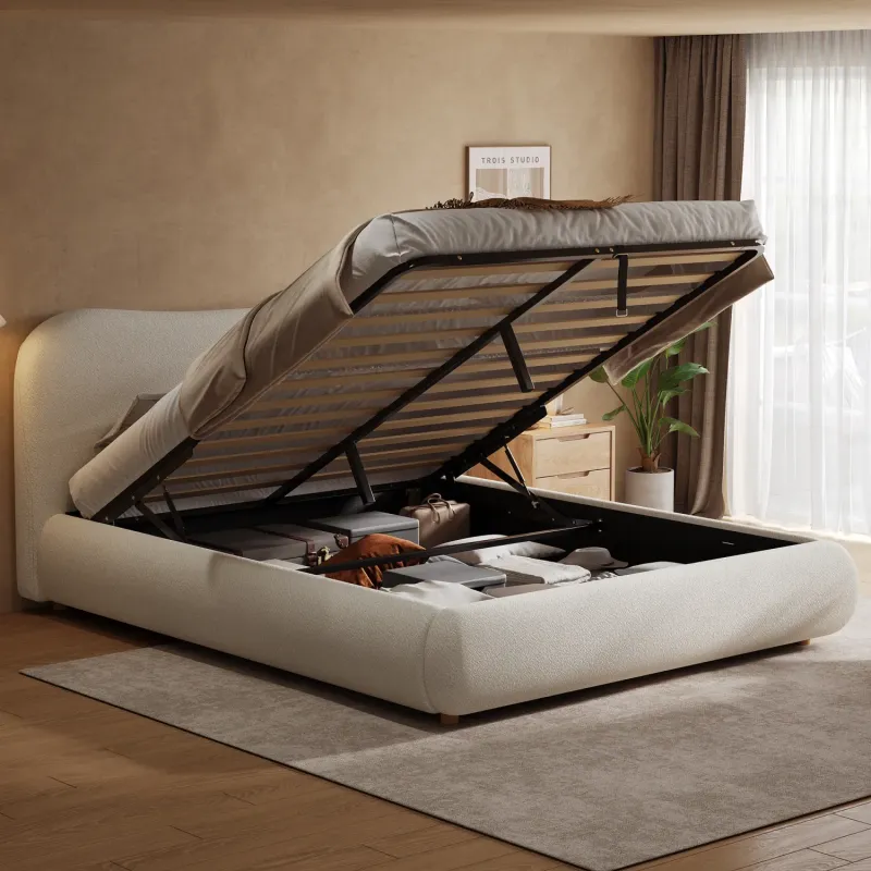 5ft King Ottoman Storage Bed with Curved Headboard in Boucle, Warm White