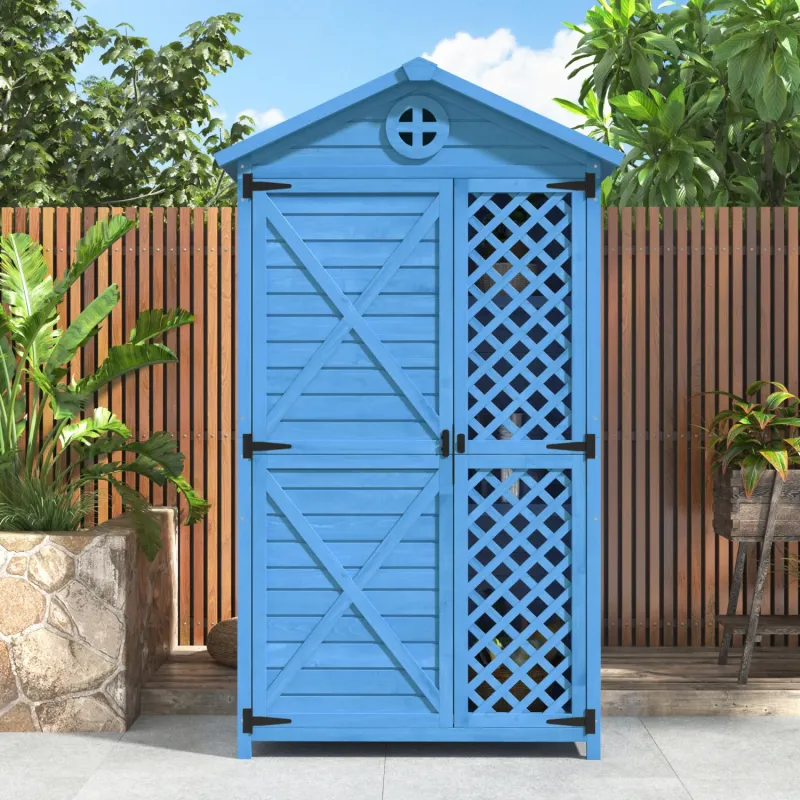 Blue Wooden Garden Tool Storage Shed with Shelves and Felt Roof