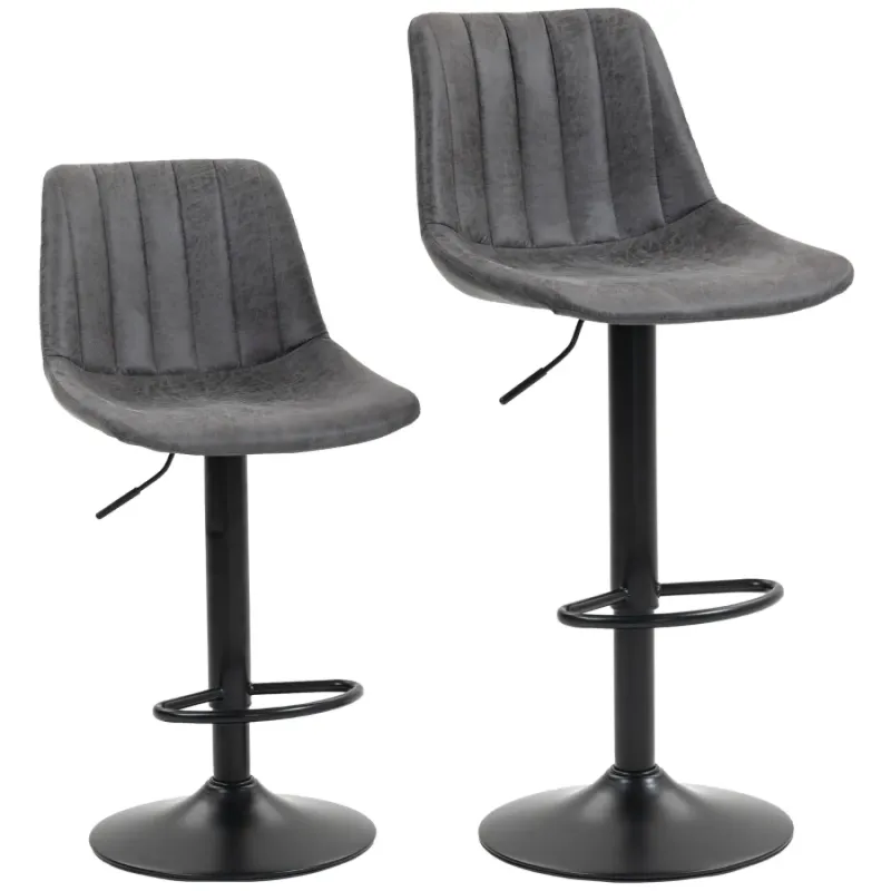  Set of 2 Leathaire Swivel Bar Stools, Adjustable Height - Charcoal Grey