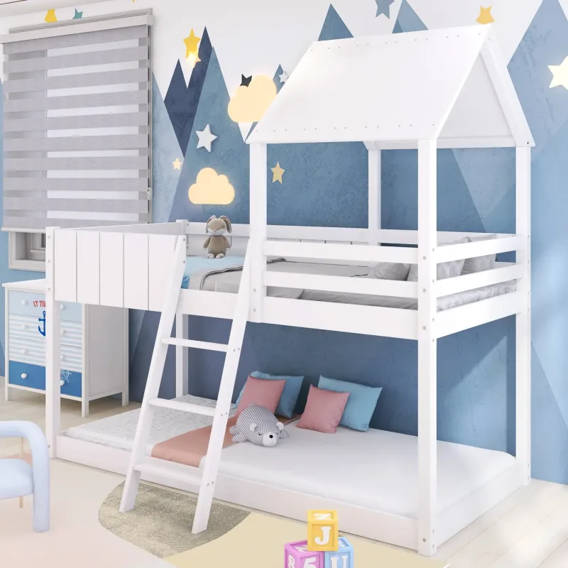Kids White Solid Wood Treehouse Mid Sleeper Cabin Bed