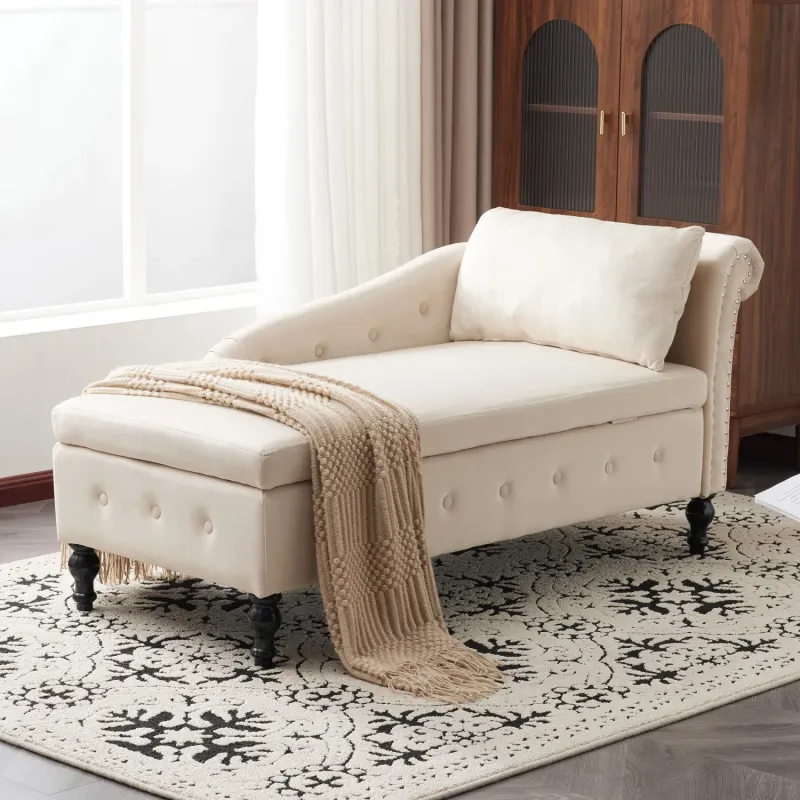 Beige Velvet 2-Seater Chaise Longue with Hidden Storage and Button Tufting