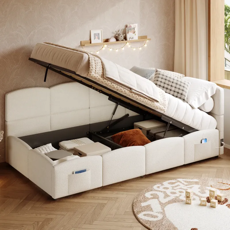 Boucle Sofa Bed, 3ft Single, in Beige, with Hydraulic Storage and USB Charging