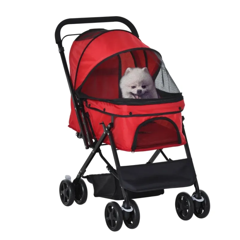 Pet Stroller Foldable Dog Pushchair with Reversible Handle - Red