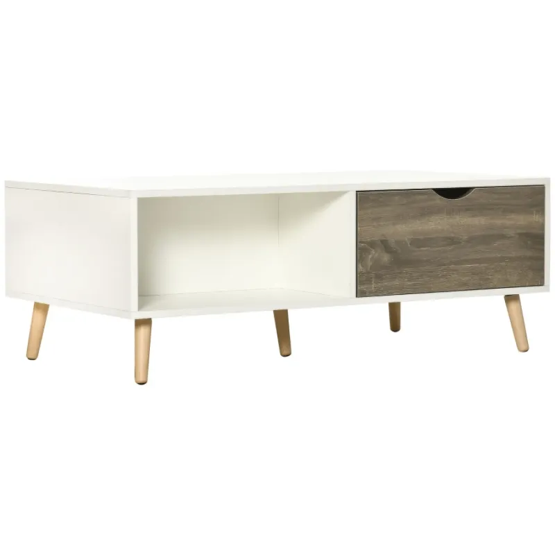 Rectangular Coffee Table, Melamine and Wood in White, with 2 Drawers and Open Shelving